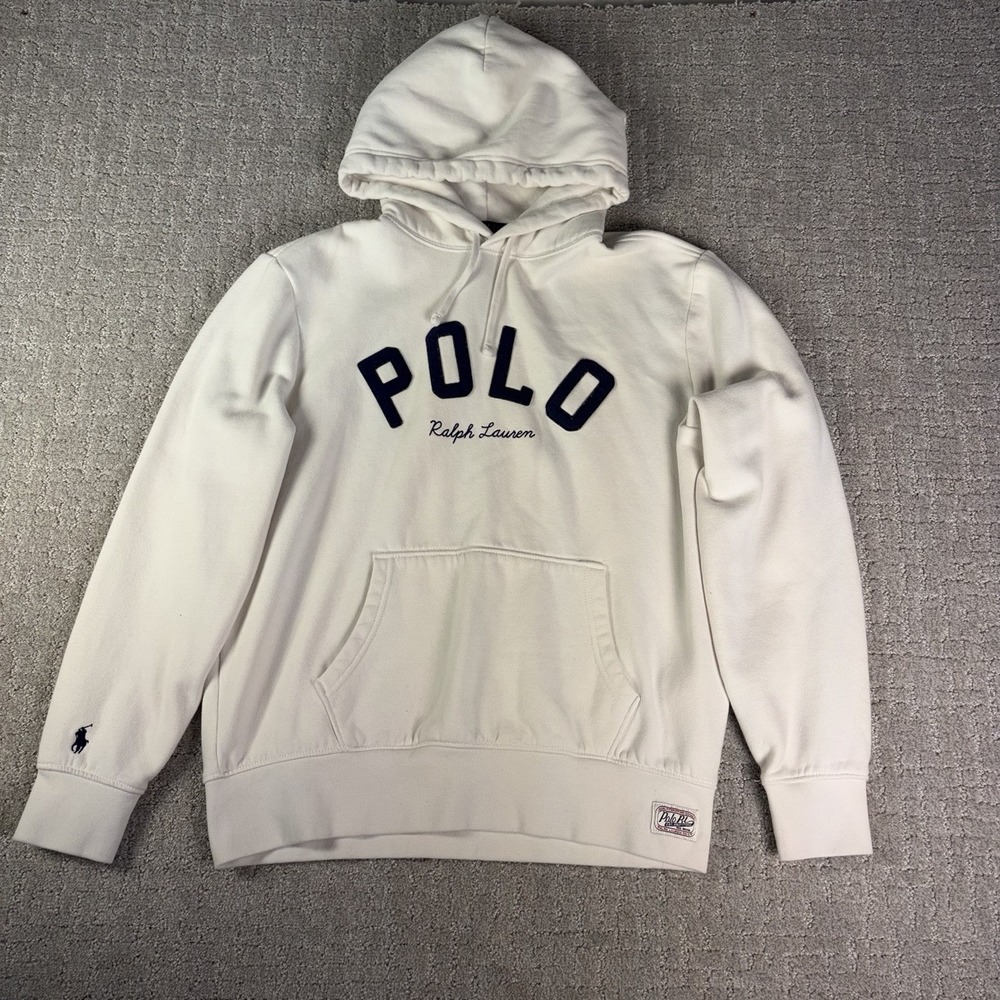 Polo Ralph Lauren White Graphic Pullover Hoodie L Felt Applique Spell Out